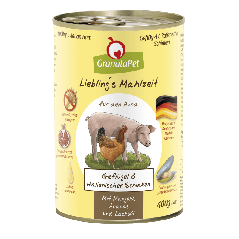 Geflügel&italienischer Schinken, Mangold, Ananas und Lachsöl 400g