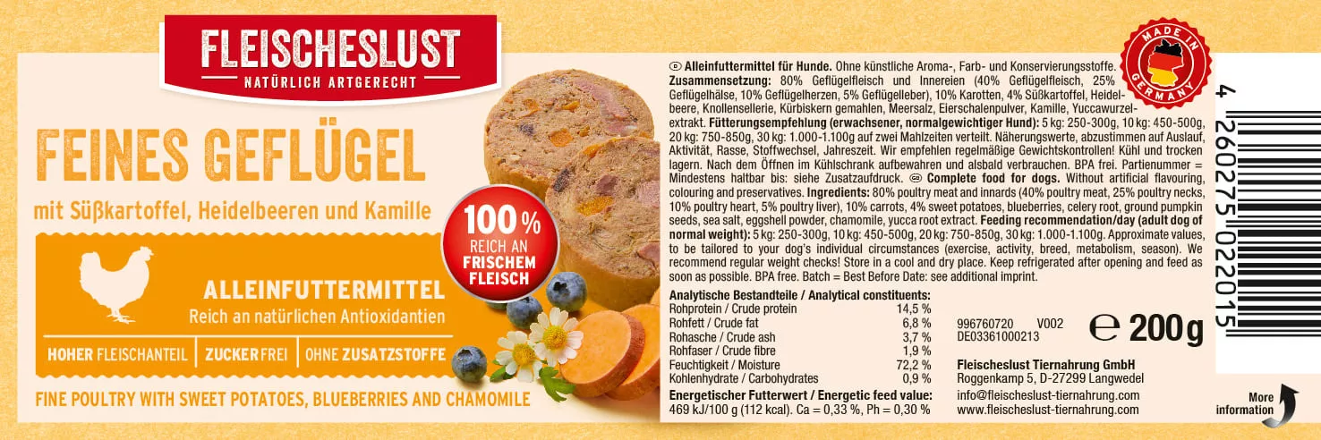 Feines Geflügel mit Karotten, Süßkartoffel und Kamille 200g