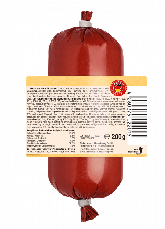 Feines Geflügel mit Karotten, Süßkartoffel und Kamille 200g