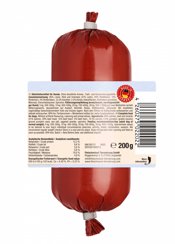 Frischer Lachs mit Rind, Karotten, Kürbis und Kokos 200g