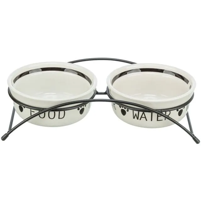 Napf-Set, Keramik/Metall, 2 × 0,6 l/ø 15 cm/32 × 9 × 15 cm, weiß/schwarz