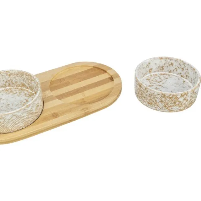 Napf-Set, Keramik/Bambus, 2 × 0,3 l/ø 12 cm/30 × 6 × 15 cm, weiß/hellbraun