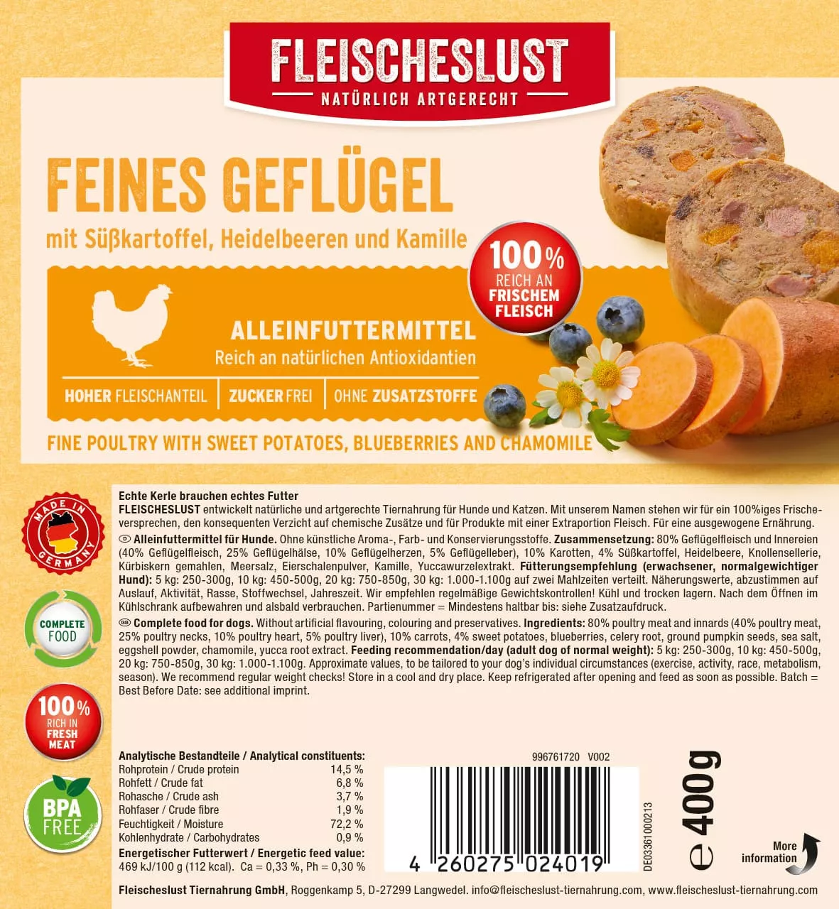 Feines Geflügel mit Karotten, Süßkartoffel und Kamille 400g