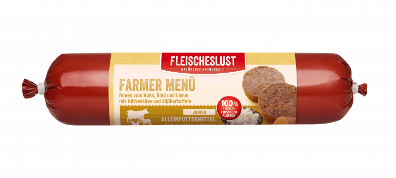 Farmer Menü Huhn, Rind und Lamm mit Süßkartoffel und Hüttenkäse 400g