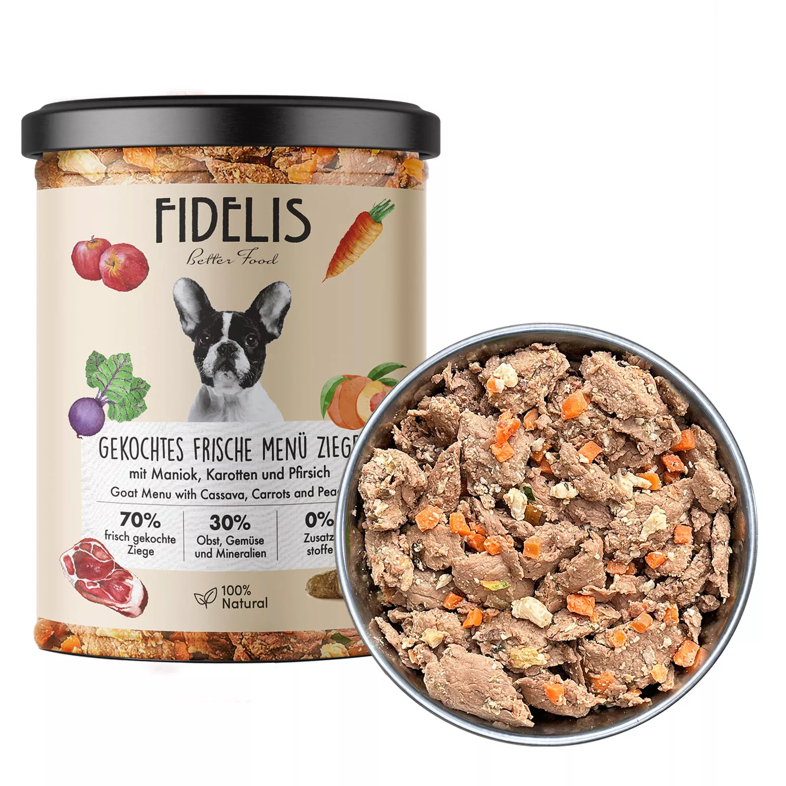 Fidelis Ziege mit Maniok, Karotte und Pfirsichim Glas 400g