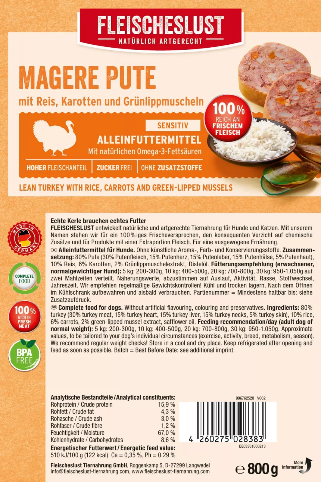 Magere Pute mit Reis, Karotten und Grünlippmuscheln 800g