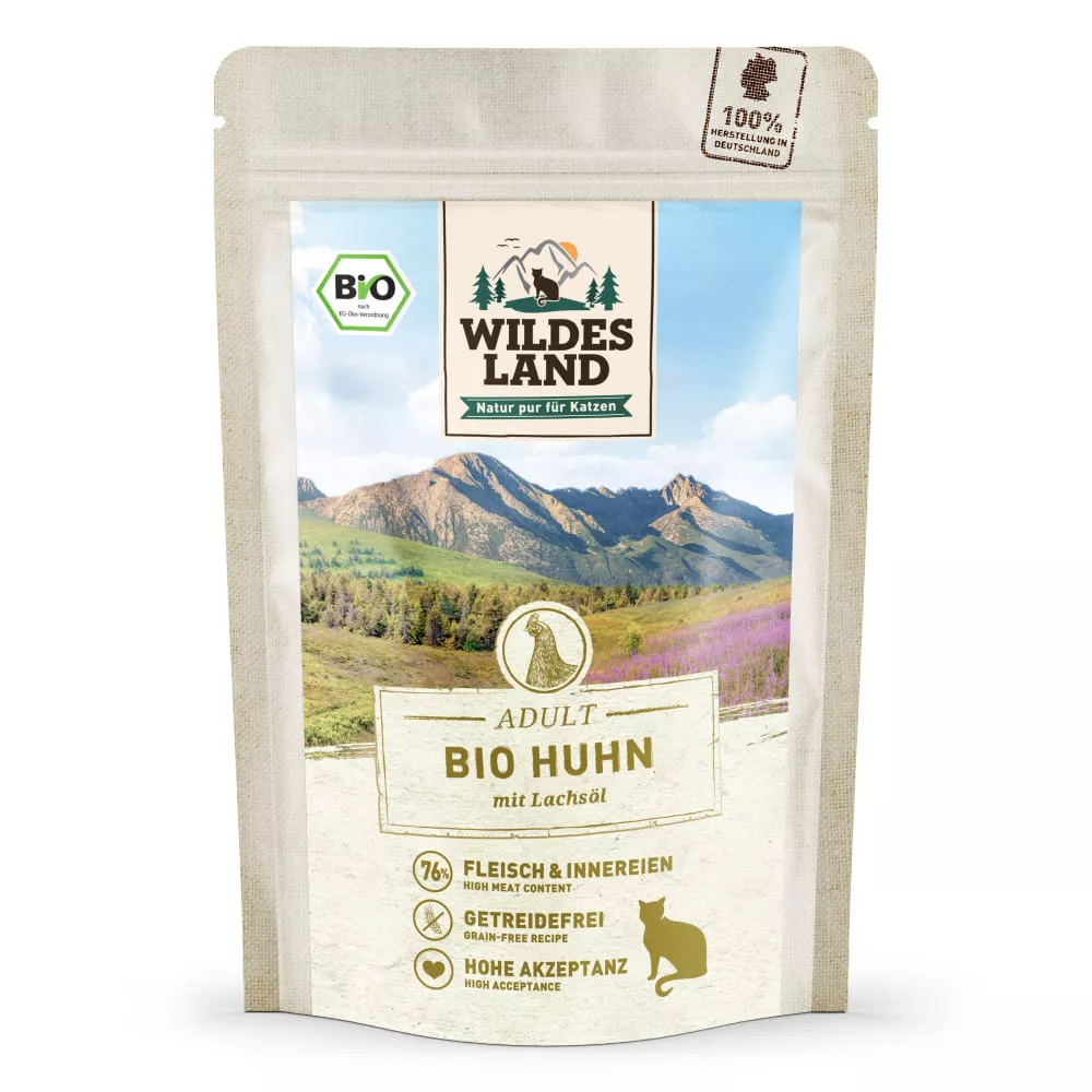 Wildes Land Nassfutter Bio Huhn PUR mit Lachsöl 85 g