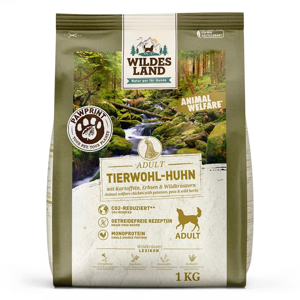 Wildes Land Trockenfutter Tierwohl-Huhn mit Kartoffeln, Erbsen & Wildkräutern 1kg