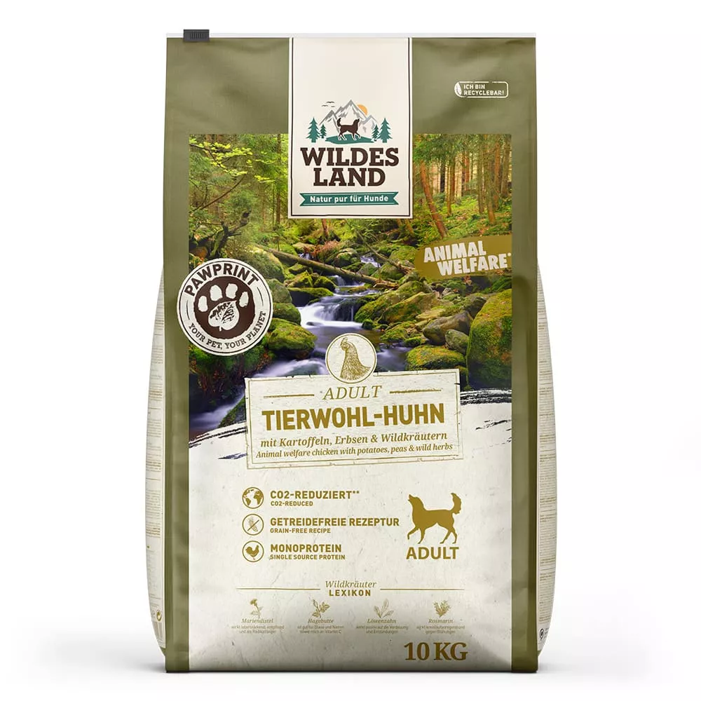 Wildes Land Trockenfutter Tierwohl-Huhn mit Kartoffeln, Erbsen & Wildkräutern 10kg