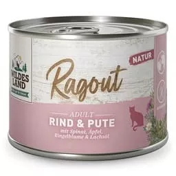 Wildes Land Nassfutter Ragout Rind & Pute mit Spinat, Äpfel, Ringelblume & Lachsöl 180g
