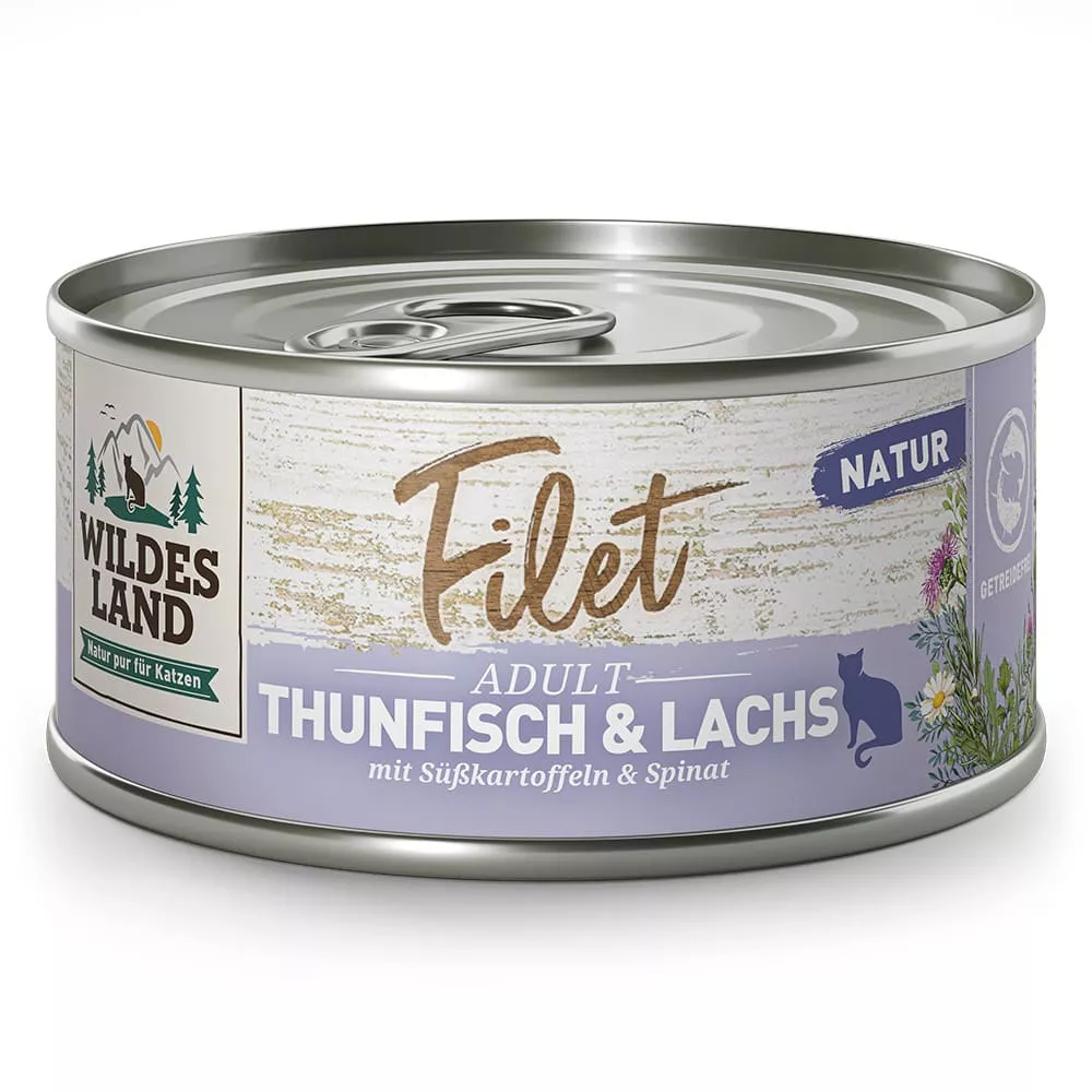 Wildes Land Nassfutter Filet Thunfisch & Lachs mit Süßkartoffeln & Spinat 80g